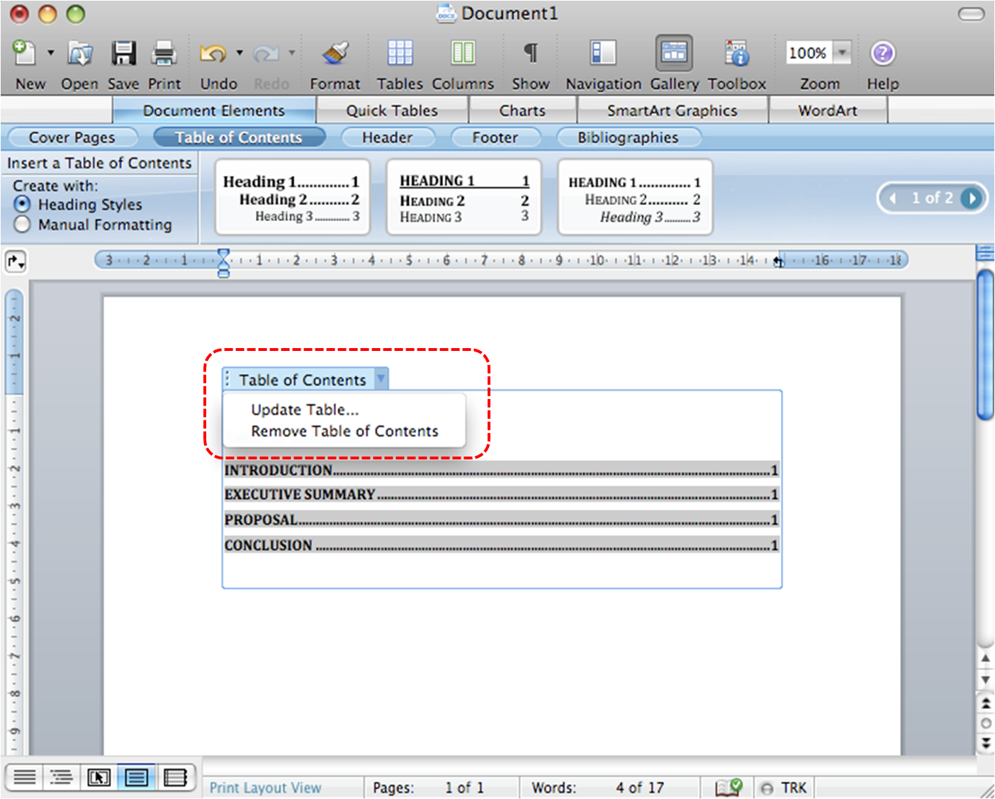 Image demonstrates Table of Contents menu as a result of selecting the icon beside Table of Contents.