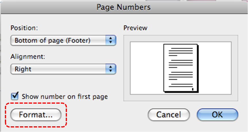 Image demonstrates location of Format... button in Page Numbers dialog.