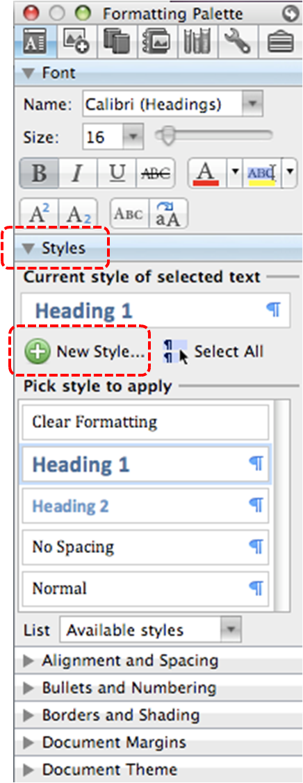 Image demonstrates location of Styles section and New Style... button in the Formatting Palette.