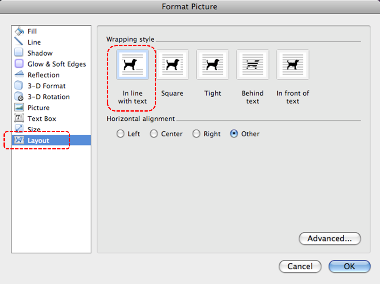 Image demonstrates location of Layout option and In line with text option in Format Picture dialog.