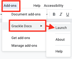 Image demonstrates the location of Grackle Docs add-on, under the Add-ons menu. 