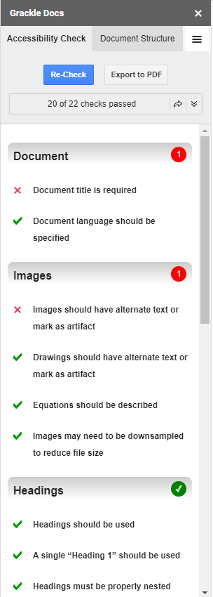 Image demonstrates the Grackle sidebar displaying checks for Document, Image, and Headings.