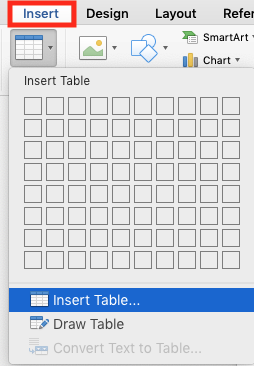 Image demonstrates the location of the Insert tab where table styles can be found.