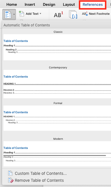 Image demonstrates the location of the table of contents settings under the Reference tab.