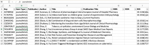 Screenshot of a spreadsheet as a citation management tool with bibliographic information in columns.