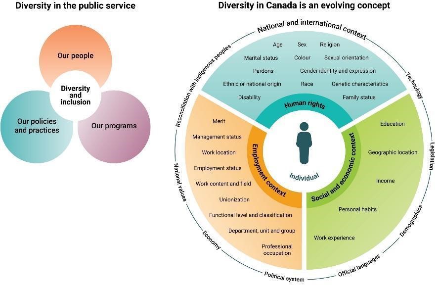 diversity in public service: diversity and inclusion includes our people, our policies and practices, and our progress. Diversity in Canada is an evolving concept, including areas such as national and international context, technology, legislation, demographics, official languages, political system, economy, national values, reconciliation with indigenous peoples.