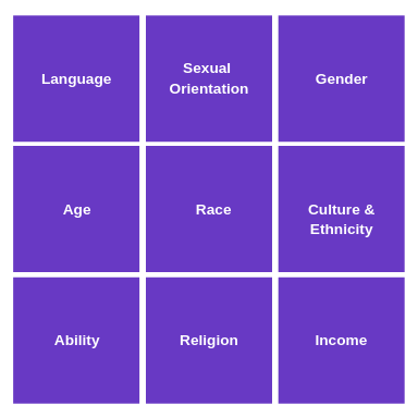 the differences linked to structural inequalities include language, sexual orientation, gender, age, race, culture and ethnicity, ability, religion, and income.