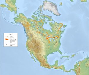 This is a detailed map of North America with a series of arrows representing the movement of native copper across the northern area of the continent. The majority of the arrows originate in the Great Lakes region, with copper-bearing formations of the Lake Superior basin and several copper deposits in the mid-eastern United States. Northwest areas of the continent also traded copper. It was traded near present-day Yukon, and several northern lakes (e.g. Great Bear Lake).