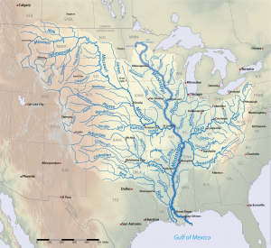 A map of North America highlighting the Mississippi River Basin. The network of rivers connected to the Mississippi cover most of the United States.