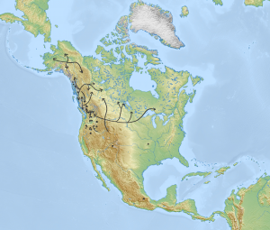 This is a detailed map of North America with a series of arrows representing the movement of obsidian across the continent. The majority of the arrows originate on the west coast and move inland. In Some cases, the arrows travel all the way across the continent from present-day British Columbia to the Great Lakes region.