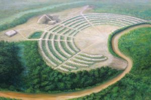 This is an artists conception of the Poverty Point mounds at its height more than 3000 years ago. There are six concentric semicircles surrounding a central plaza on the banks of a river.