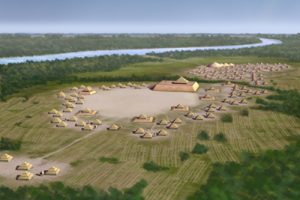Artists conception of the Caddoan Mississippian culture Spiro Mounds Site in eastern Oklahoma on the Arkansas River.