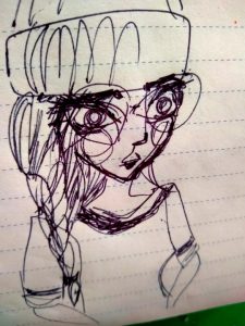 sketch of young woman in hat and glasses