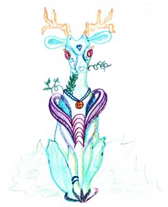 Teal blue deer with yellow horns and ruby necklace and purple cloak