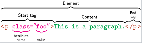 A visual example of an HTML element and attribute. See definitions above and below examples.