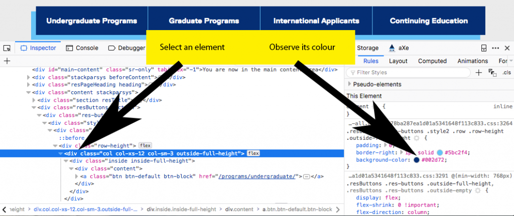 Screenshot of Inspect Element, pointing out a selected element and its associated colours.