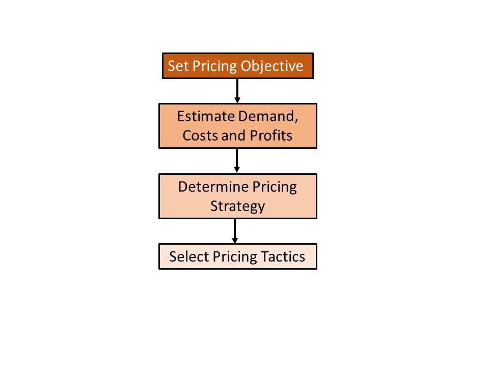 Steps in the pricing framework are the following: set pricing objectives, estimate demand, costs and profits, determine pricing strategy, and select pricing tactics