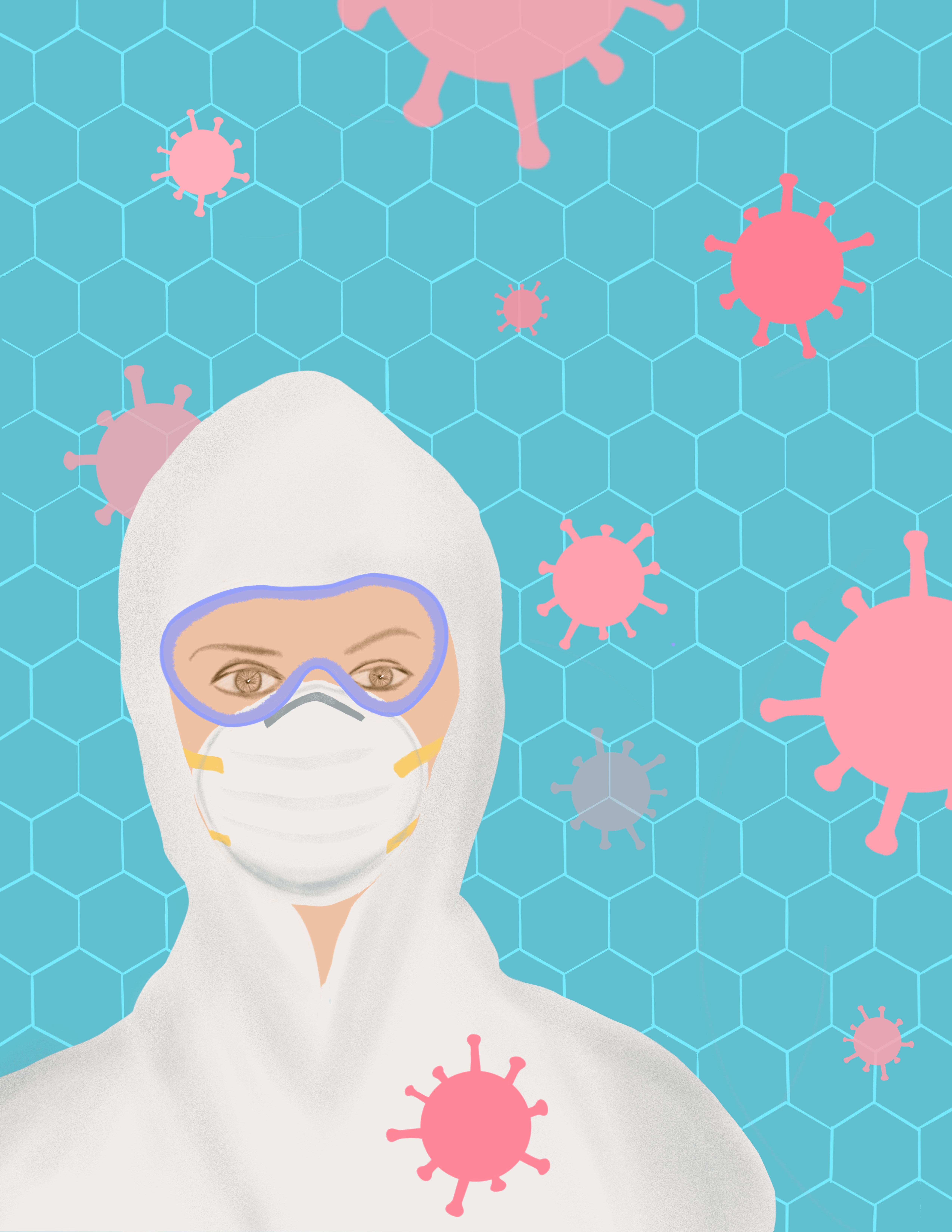 Illustration of health care worker, wearing protective equipment, with COVID-19 particles floating around