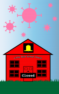 Illustration of little red school house with COVID-19 particles floating down onto it