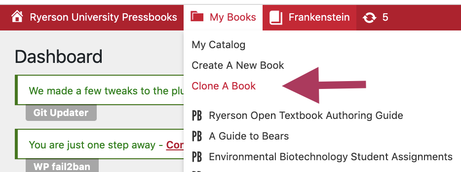 Screenshot showing Clone a Book option in dropdown menu
