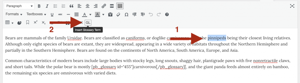 Pressbooks editor showing highlighted word and GL icon to add glossary term