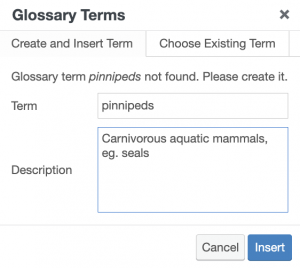 Pop-up box for entering definition of a glossary term