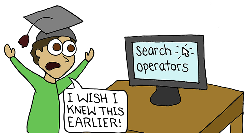Senior student watching video about search operators stating, I wish I knew this earlier!