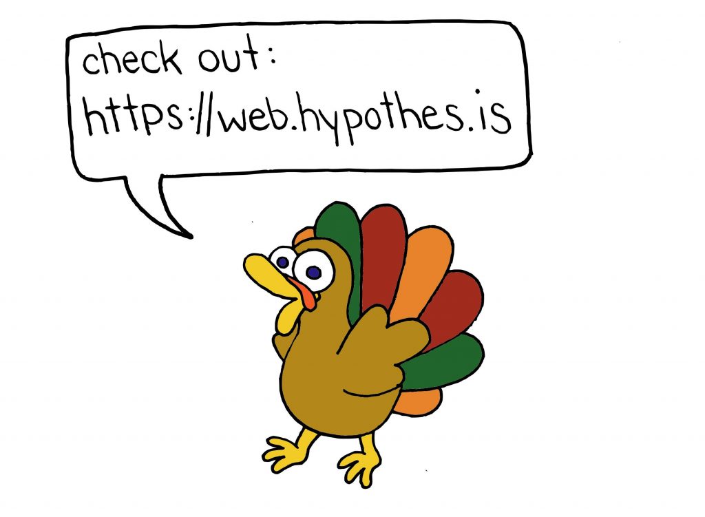 A bird with a thought bubble including the website of hypothes.is