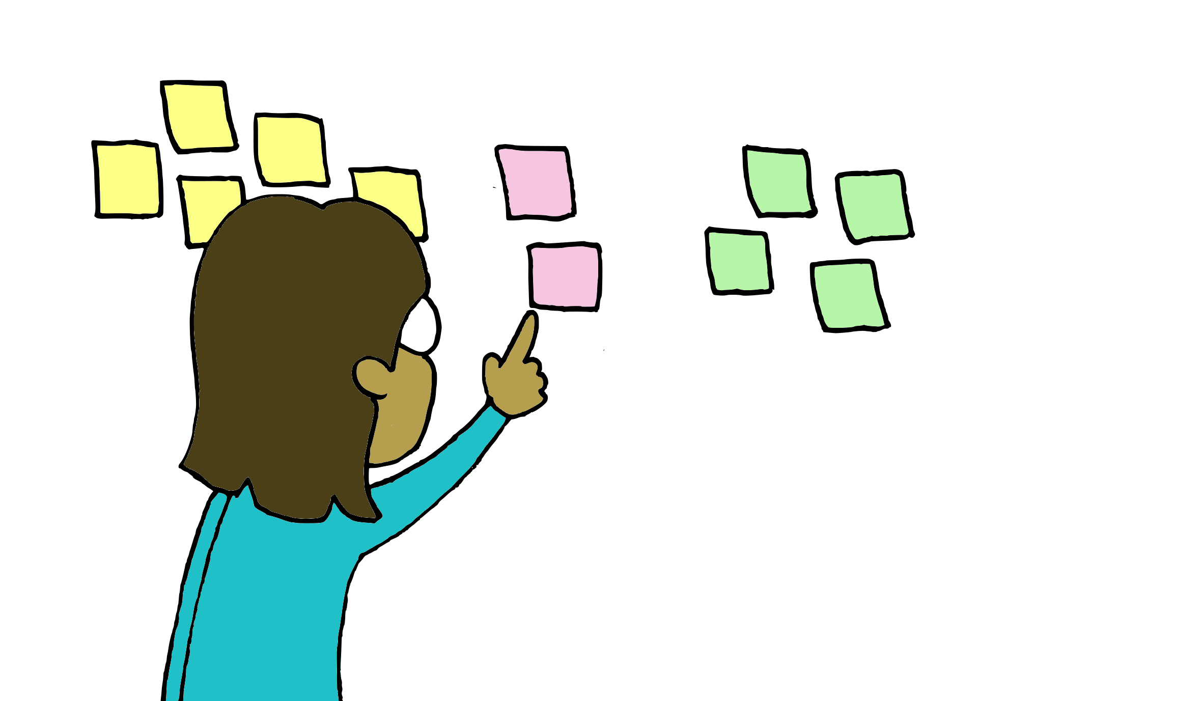 Person organizing sticky notes into related groups