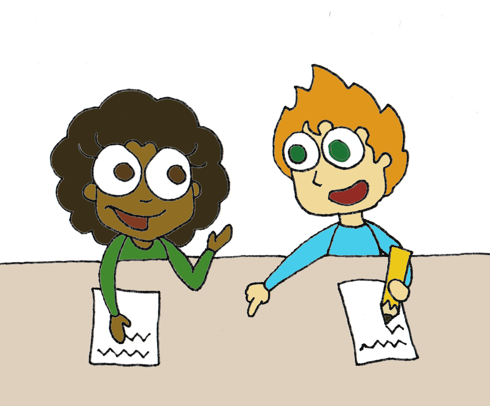 Two students sitting down with one holding a paper and talking