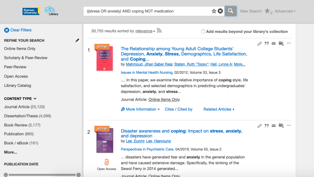 Literature search for (stress OR anxiety) AND coping NOT medication