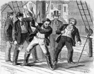 Five men on a ship. One is holding an ax midair to strike down on the floor.