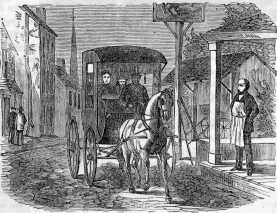 David, a white woman, and a child arriving in a horse drawn carriage