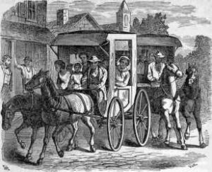 Harriet Shephard, and her five children, with five other passengers riding in a horse drawn carriage