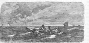 Sketch of four former slaves in a boat
