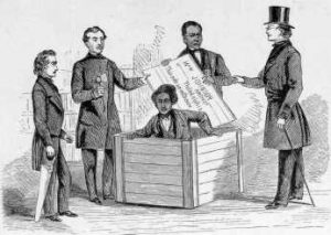 Henry Box Brown emerging from a wooden box with four men surrounding him