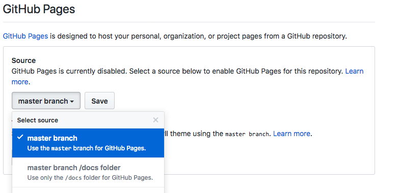 screenshot of the GitHub Pages settings