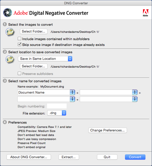 Screenshot of Adobe’s free DNG Converter program
