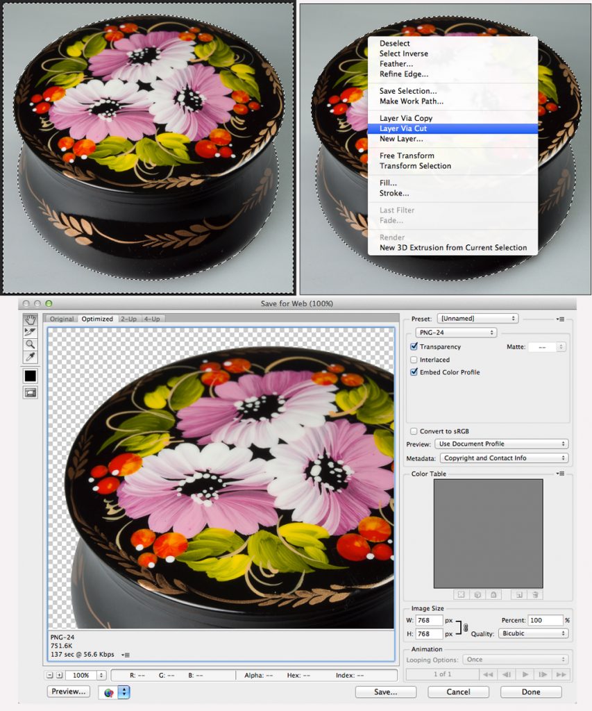 Screenshot showing steps to save and optimize an image