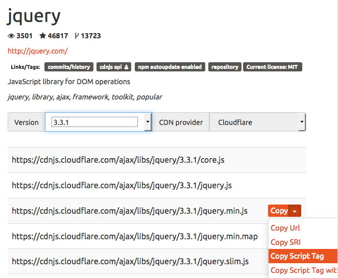 Screenshot of cdnjs.com jQuery search