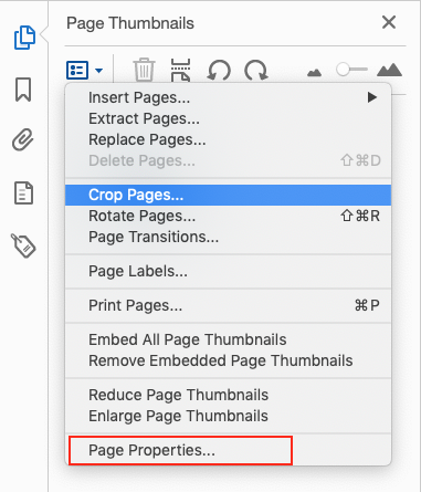 Image locates page properties in the bookmark drop down menu.
