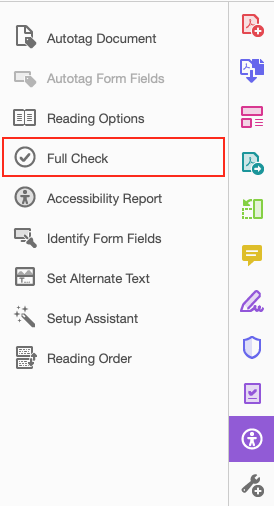 Image locates the "full check" option in the Accessibility pane.