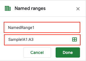 Image demonstrates location of Range Name text box and data range option in Range names sidebar.