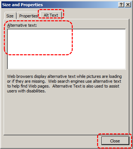 Image demonstrates location of Alt Text tab, Alternative text box, and Close button in the Size and Properties dialog.