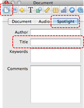 Image demonstrates location of Document inspector button, Spotlight tab, and Title text box in Inspector dialog.