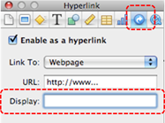 Image demonstrates location of Hyperlink inspector button and Display text box in Inspector dialog.