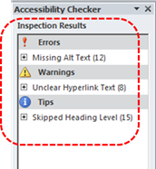 Image demonstrates inspection results in Accessibility Checker task pane.