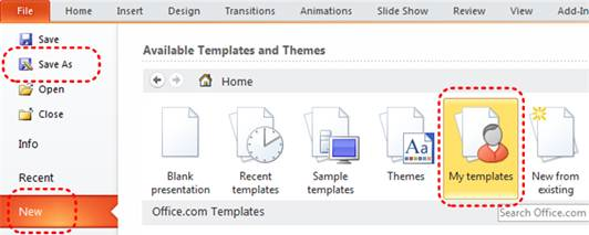 Image demonstrates location of New option and My templates icon in File menu.