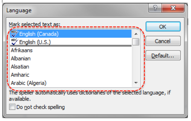 Image demonstrates location of language list in Language dialog.