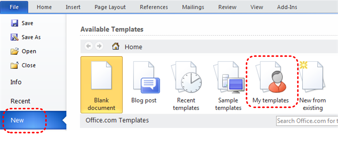 Image demonstrates location of New menu item and My Templates icon in the File menu.